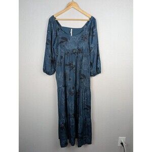 Soma Bra Dress Womens L Blue Black Floral Maxi Boho Puff Sleeve Tiered Satin Mb